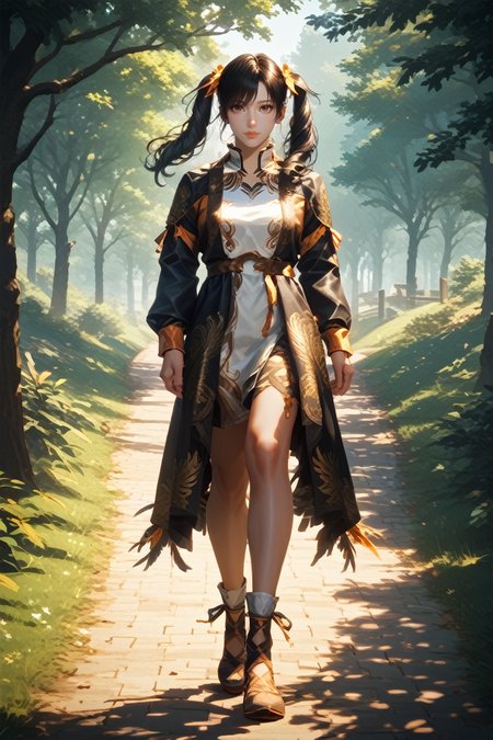 score_9, score_8_up, score_7_up, 
<lora:TKXiaoyu:1.0>
TKXiaoyu, 1girl, twin tails, black hair, brown eyes, looking at viewer, walking, countryside road lined with trees, late afternoon light casting long shadows, nostalgic and carefree vibe