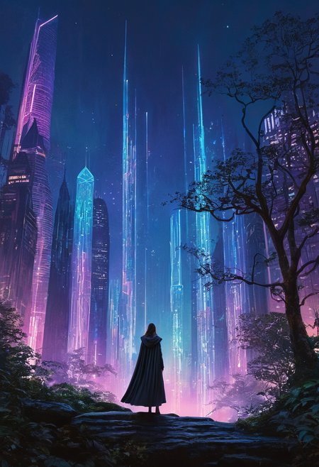 professional, (4k photo:1.1) , (Sharp focus:1.3), high detail, (extremely thin, slender, slim, long legs),
 <lora:spotlight:1> dark theme, silhouette, magical lighting, fantasy,
(In the depths of an ancient enchanted forest shrouded in perpetual twilight, where trees stretch skyward, entwined with glowing vines and whispering leaves, a woman clad in a cloak of iridescent feathers weaves spells of protection and harmony, her chants blending with the melody of a hidden waterfall.,Futuristic cityscape at twilight, skyscrapers gleaming with neon lights, hover cars zoom past, a detective in a trench coat overlooks the city from a high rooftop, giant digital billboards flicker, camera angle from behind, emphasizing a vast, techno-urban panorama, vibrant, electric atmosphere.:1.2)
<lora:greg_rutkowski_xl_2:0.8> greg rutkowski, , (expressionism, impressionism, broad brush strokes:1.4)