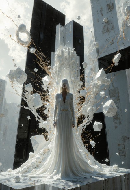     In a realm where form and abstraction dance in a delicate embrace, a woman's ethereal silhouette emerges from a mesmerizing interplay of translucent geometric shapes, crafted from contrasting materials of piano black and luminous white porcelain. The woman stands at the center of the composition, her form partially veiled by the interplay of light and shadow, her presence both grounding and ephemeral, a spectral figure haunting the geometric landscape.  Shards of polished piano black, reflecting a deep, inner light, are juxtaposed with smooth, luminous fragments of white porcelain, their edges blurring softly into the surrounding space.  These fragments, triangles, squares, and circles, intertwine and dance around her, echoing the curves and lines of her body, creating a harmonious balance between the geometric and the organic.  Intricate veins of gold, like threads of light, weave through both materials, connecting the disparate shapes and creating a sense of unity and cohesion.  These golden lines pulse with subtle energy, suggesting the flow of life force that animates both the woman's form and the geometric fragments. The background is a subtle blend of soft grays and muted whites, allowing the fragmented forms and the woman's figure to float and interact weightlessly. Delicate wisps of white, representing the flow of energy, dance around the composition, adding a layer of dynamic movement and ethereal beauty. The overall impression is one of ethereal beauty and haunting fragility, a testament to the allure of geometric abstraction and the delicate balance between presence and absence, the human form and the abstract. The composition is a captivating exploration of form, light, and texture, where materiality is both emphasized and transcended. Rendered in a highly detailed, artistic style, the focus is on the smooth, luminous textures of the porcelain and piano black and the delicate interplay of light and shadow. The abstract elements and fragmented composition create a sense of ethereal beauty and intellectual intrigue, inviting the viewer to contemplate the beauty of geometry, the ephemeral nature of form, and the enduring power of the feminine spirit. 