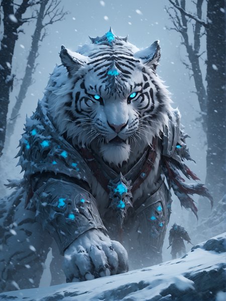 <lora:add-detail-xl:1>,<lora:deathknightsyleXL_v1-step00000400:0.67>,snowing,(tiger),masterpiece,epic,cinematic,glowing eyes,trending on artstation and deviantart,in the style of deathknight