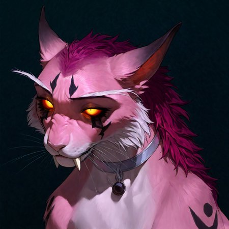 <lora:WoW_NEDruidCat_a1_1_NoobXL-eps>masterpiece,semi-realistic forms of felines,best quality,amazing quality,high quality,very aesthetic,absurdres,newest,shaded,digital media \artwork\,depth of field,wownedrucat,solo,feral,detailed feral,saladblank eyes,transparent sclera,glowing  eyes,full size portrait,dark green eye markings,shoulder markings, a little opened mouth,sabertooth,side view,pose,pink fur, rose hair,sad face,sitting,sad eyes, ears pressed back in fear, head looking to the left side, deep thinking, long realistic ears, ultra detailed realistic feline face, elegant white whiskers,  silver collar without pendants, fluffy hair that lays only on the back and forehead,black gradient ears, light peach color nose, nude natural soft color composition, background is soft and perfectly contrasts with the main object of the picture