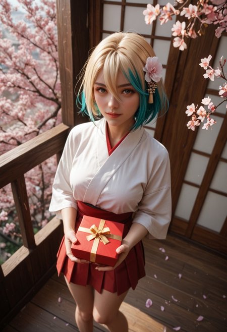 score_9_up, score_8_up, score_7_up, score_6_up, 1girl, 25 years old, perfect face, (adult:1.3), sexy, 
multicolored hair, blonde hair, teal hair, hair ornament, (hair flower), hair between eyes, short hair, 
miko, japanese clothes, 
cherry blossoms,
from above, standing, holding gift, gift box, foreshortening, skirt, knees together feet apart, 
day, looking at viewer,