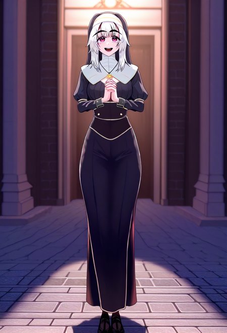masterpiece, best quality, amazing quality, very aesthetic, absurdres, newest, scenery, volumetric lighting, perfect eyes, ultra detailed,
1girl, Cierry, solo, white hair, pink eyes, 
nun attire, pendant, long dress, black shoes,
standing, smile, open mouth, looking at viewer, hands clasped together,
daytime, medieval street, detailed background,
<lora:The_main_character_is_the_villain_-_Manwha_style_LoRA__Illustrious:1.4>
masterpiece, best quality, amazing quality, very aesthetic, absurdres, newest, scenery, volumetric lighting, perfect eyes, ultra detailed,