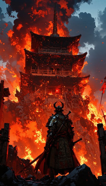 A lone warrior, clad in bloodstained samurai armor, stands motionless before a massive pagoda engulfed in flames. His demonic mask reflects the infernal glow, while embers and ash swirl around him like ghosts of fallen enemies. The once-sacred temple is collapsing, its ornate carvings crumbling into the blaze as distant screams echo through the smoke-filled air. A tattered banner flutters beside him, the last symbol of a forgotten oath. The scene is both devastating and mesmerizing, with deep reds, burning oranges, and cold blue shadows creating a stark contrast. Cinematic composition, ultra-detailed textures, dynamic lighting, atmospheric fog, embers in the wind, dark fantasy realism, intense contrast.