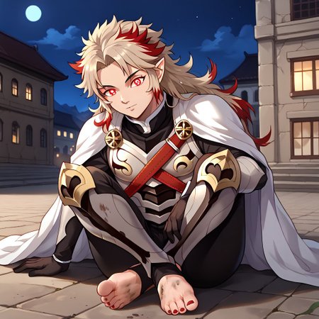 masterpiece, best quality, sharp aliasing, highly detailed, 1male, male body, male,EPfeCorrin, white cape with flames, armour, black gloves, black pants, wearing pants, outdoors, stone tiled ground, buildings, night, barefoot, toeless legwear, armoured legwear, shin armour, leg armour, leg and shin amour, stirrup legwear, black stirrups, 5 toes, Quality, High Definition, Full body view, solo, rengoku kyojuro, forked eyebrowns, long hair, two-tone hair, multicolored hair, red eyes, red eyes, pointy ears, sword, red toenails, dirty feet, glowing eyes, sitting