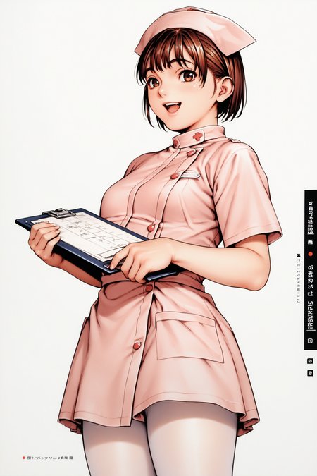 score_9, score_8_up, score_7_up,  1girl, nurse, solo, nurse cap, hat, brown hair, clipboard, brown eyes, white background, open mouth, pantyhose, simple background, looking at viewer, short sleeves, smile, short hair, holding, cowboy shot, dress,  bangs, white pantyhose, short dress,  standing, pink dress
, <lora:Tsukasa_Jun_Pony_dim32-000035:0.9>