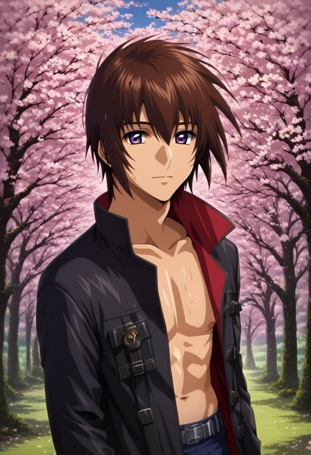 ASCII score_9, score_8_up, score_7_up, score_6_up,
source_anime, 
kira_yamato, hair parting left, wearing a black jacket with red lining and buckles, 1boy, solo, detailed eyes, purple eyes, looking at the viewer, (narrow waist: 1.1),
attractive pose, sweating, sweat,
upper body portrait,
scenery, sakura blossom, cherry trees,
masterpiece, best quality, very aesthetic, absurdres,