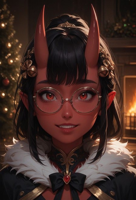 score_9_up, score_8_up, score_7_up, score_6_up, 1girl, solo, 25 years old, perfect face, cute, petite, detailed face, 
blush, shy smile, portrait, face focus, depth of field, looking at viewer, close up,  
red eyes, 
(red skin), oni, red oni, demon girl, black hair, 
glasses, hair bell, hair ornament, 
fur trim, fur capelet, black coat dress, fur-trimmed dress, black bow, 
indoors, Christmas tree,fireplace, 
DreamArt,