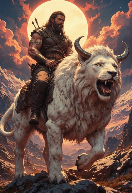 A muscular Valkyrie style Norse warrior riding a fantastical huge white beast in a rugged, mountainous landscape.  The man, with a rugged, bearded face and long, dark hair, is dressed in medieval-style attire consisting of a sleeveless brown leather vest, brown trousers, and brown boots. He wears a belt with a sheathed sword and a quiver of arrows. He also has weapons/axe/hammer. His expression is determined as he rides the beast. The massive beast is a mix of a dragon and a lion, with sharp, curved horns, a long, muscular tail, and a fierce, open-mouthed expression revealing sharp teeth. Its eyes are yellow. The creature's fur is sleek and white. The man holds the reins with one hand. The background is a dramatic, partly cloudy sky with a deep blue hue transitioning to a lighter blue at the horizon. The ground beneath them is rocky and uneven, with patches of grass and sparse vegetation. big sun, sunset, dramatic lighting, mainly red, orange and yellow colors, yellow sphere on the background