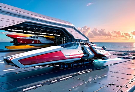 photograph, a clean hangar, door open, tropical island, ocean, beach:1.3, (smooth, sleek, neotech red and white (WipEout anti-gravity craft), (split-front:1.3), parked in a hangar):2, blue sky, sunset, sharp, high detailed, realistic, scifi, futuristic, science fiction, sharp focus, masterpiece, best quality
