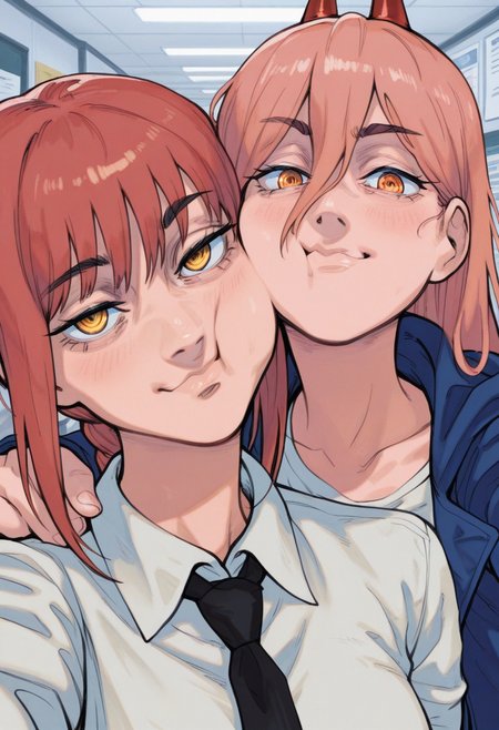 r3110style,   masterpiece, best quality, solo,                                                                                                                                 2girls,upper body, office workspace background,  faces together,cheek press, BREAK 2girls, makima from chainsaw man, red hair,  smug, blush, looking at viewer, white shirt with tie,arms around another's shoulder, BREAK 2girls, power from chainsaw man, , yellow eyes, pink hair, blue jacket,   pouting, selfie,  lips,