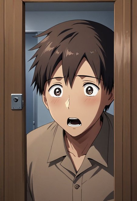 high resolution, solo, best quality, 1Boy, Takaki Toono, Brownish Hair, Brown Eyes, surprised, peeking out, OverallDetail