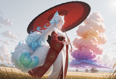 masterpiece, best quality, absurdres,anime style,detailed eyes,
1 female solo,((((Cloud hair)))),long hair,blue eyes,kitsune tails,white kimono,red sleeves,golden embroidery,
wide shot,from side,feet out of frame,low angle,
looking to the left,sun umbrella,washi umbrella,multicollored umbrella,red umbrella,black umbrella,walking along rye field,

white background, ((((huge fluffy Clouds)))),((((rainbow gradient cloud))))