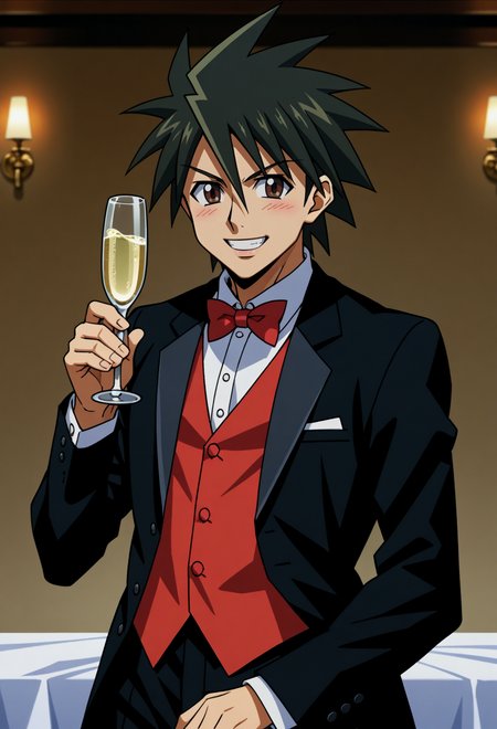 score_9, score_7_up, source_anime, BREAK <lora:AEKazuki:0.7> AEKazukiDef, brown eyes, black hair, spiked hair,  tuxedo, butler, bowtie, holding champagne flute, smile, wink,