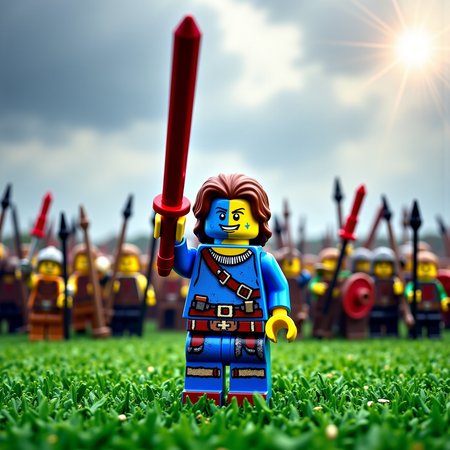 <lora:lego-minifigure:1> lego_minifigure, dramatic battlefield scene with a LEGO man styled as William Wallace standing on a grassy brick-built hill, surrounded by a crowd of LEGO warriors. He wears a printed blue tunic with a brown plaid sash, and his molded head features fierce facial expression with one side boldly painted in vivid blue war paint—covering half his face from forehead to jaw, with sharp tribal-like streaks over his eye and cheek. His long tousled hair flows from beneath a removed helmet held at his side. With both feet planted wide, he raises a large brick-built sword high above his head, rallying the LEGO army behind him. Rows of LEGO minifigures in medieval armor raise spears and shields across a battlefield made of green and brown plates. The sky is overcast with streaks of light piercing the clouds, casting a heroic glow across the plastic chaos.
