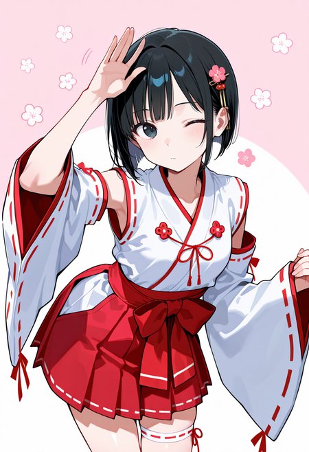 best quality, amazing quality cowboy shot, simple background,((outlined outlined vector graphics)),  beautiful scenery,  front view ,  looking at viewer ,
1girl, 20yo, black hair, black eyes, short bob hair, hair pin,small breast, slender,(white thigh strap:1.1), cute face,
 pink clothes, pink skirt, expressionless ,  wink, miko , miko-cosplay   , detached sleeves, wide sleeves,   jumping,  leaning forward , arm up ,  , kawaii, flowers,  <lora:miko-cosplay-il-01:0.8>