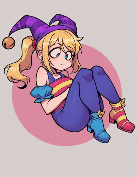 zPDXL, score_9, score_8_up, score_7_up, source_anime,
1girl, solo, expressionless, (child carry), jester wearing a jester hat with bells, striped dress with ribbons, colorful jester shoes , Samus, blonde hair, ponytail, mole under eye,
<lora:valbun_v2:0.8> valbun,