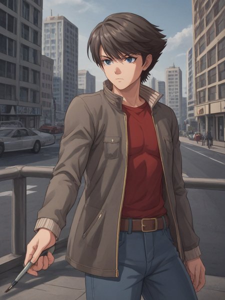 1boy, solo, ethantokiohollo, black hair, swept bangs, blue eyes, jacket, long sleeves, open jacket, popped collar, red shirt, long sleeves, brown belt, jeans, holding, pen, outdoors, city, serious, cowboy shot,