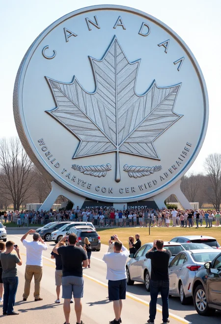 <lora:Roadside_Attraction_Assembler_FLUX_r1-000007:0.85>   
Photo depicting a surreal scene at a "world's largest Canadian coin" roadside attraction, along with people taking photos of it and cars parked near it.