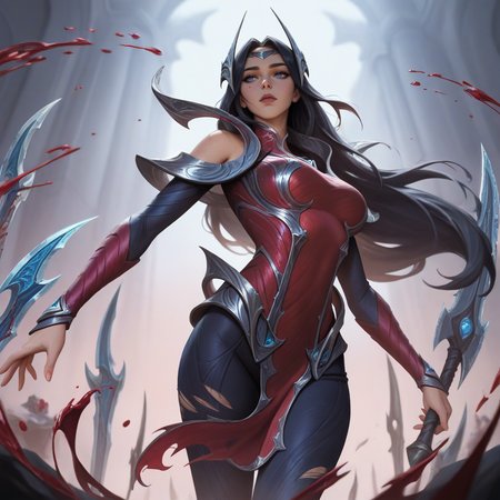 masterpiece, best quality, absurdres, highres, ireliadefault, 1girl, torn clothes, torn dress, red dress, silver armored dress, silver diadem, silver hair ornament, bare shoulders, detached sleeves, black hair, long hair, blue eyes, blood, floating blades, silver blades, bloody blades,  <lora:Irelia:1>