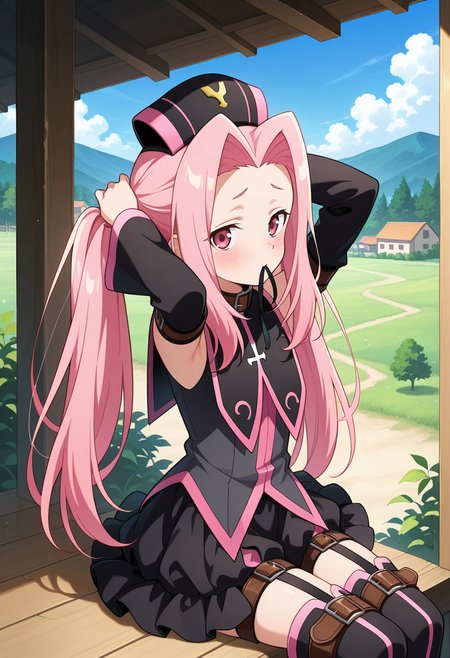 village, trees, clouds, day,
BREAK,
sitting, tying hair, twintails, blush,
cowboy shot, dynamic angle,  close up,  upper body, from above,
BREAK,
<lora:arietta_illustriousXL_v04:0.95> 
ariettadef,  pink hair, pink eyes, very long hair, parted hair,  black headwear,
zettai ryouiki, detached sleeves, frills, black dress,  
garter straps, thighhighs, thigh boots, 
BREAK,, source_anime, very aesthetic, anime coloring, masterpiece, 
best quality, amazing quality, ultra detailed, very aesthetic, 
detailed background, 
BREAK,