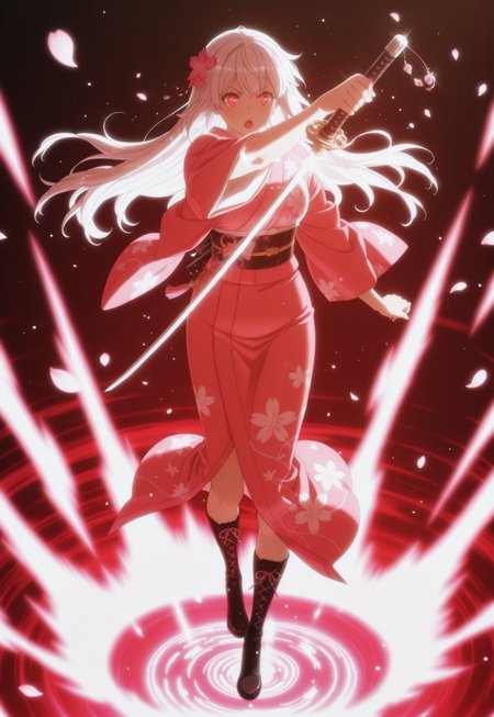 anime_girl long_flowing_white_hair_with_pink_highlights glowing_red_eyes intense_expression floral_hair_ornament_with_pink_flower traditional_kimono_with_cherry_blossom_pattern dark_blue_kimono_with_pink_and_white_flowers intricate_kimono_design_with_gold_accents holding_katana_with_both_hands glowing_katana_with_energy_trail dynamic_action_pose cherry_blossom_petals_floating_in_air vibrant_neon_pink_and_cyan_color_scheme dramatic_lighting_with_glowing_effects energy_aura_with_sparkling_particles black_lace-up_boots_with_shiny_finish detailed_background_with_splashes_of_pink_and_blue fantasy_warrior_theme strong_female_character ethereal_and_mystical_atmosphere high_contrast_art_style anime_illustration_with_digital_painting