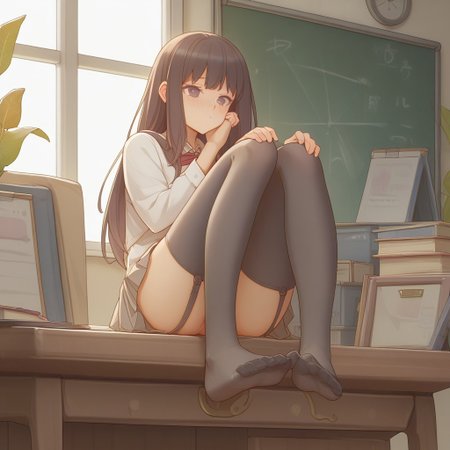 masterpiece, 
score_9, score_8_up, score_7_up, score_6_up,
source_anime, 
highly detailed, 
1girl, single girl, 18 year old girl,
Inoue_Takina,
school uniform,
nylon stockings,
feet,
sitting on desk,
liquid running down her legs,
high definition eyes,
BREAK soft cinematic lighting, indoors