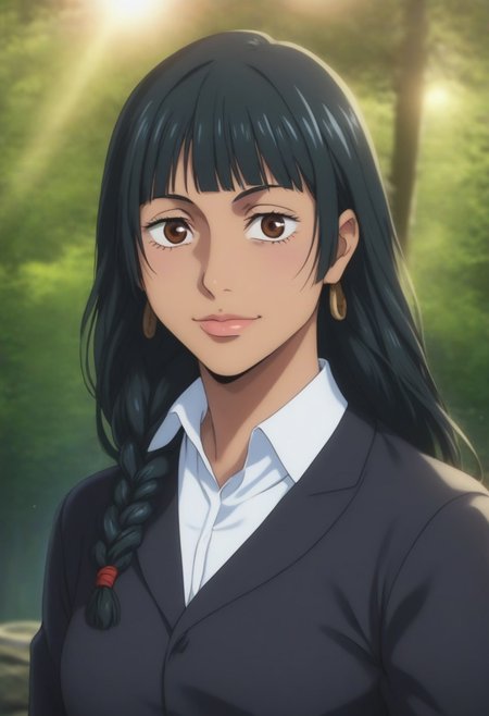 score_9, score_8_up, score_7_up, source_anime, intricate details, anime screencap, perfect balance, official art, extremely detailed CG unity 8k wallpaper, perfect lighting, Colorful, Warm_Front_face_Lighting, (masterpiece:1.0),(best_quality:1.0), ultra high res,4K,ultra-detailed, photography, 8K, HDR, highres, absurdres:1.2, Kodak portra 400, blurry background, bokeh, lens flare, (Anime) (vibrant_color:1.2), professional photograph, night, (cute_face:1.2), 2d, anime, upper body, intricate iris, American, Professional character design, 1girl, female focus, (Brown eyes), perfect eyes, (black-hair), Native American, Indigenous, American Indian, youthful, solo, jujutsu_kaisen_style, character portrait, (perfect-lighting), face, young, (Dark-black-hair), Long hair, (Native American), Indigenous, American Indian, (((wild eyes))), (Native North American), (Upturned eyes), (high cheekbones), (strong jawline), (Black Hair), (Black Cowboy Jacket), (((wild eyes))) ((Bobbed Bangs)) (((Slanted-Eyes))) (Psycho) (Happy) (Friendly) (Goofy) (Dark Black Jacket) (White Dress Shirt), (Redwood Forest, Pacific Northwest Forests), (Inuit), Inuit Braids, (Tan skin), (Dark Skin), (Brown skin), (bobbed hair), White Eagle-Feather-Earrings, Thick Bangs, Bobbed hair, Bob-cut, White-Feather-Earrings, Brown-skin, Full-Bangs, Wide-Bangs, Thick-Hair, Black Suit & Tie, Mullet, Blue-Warpaint