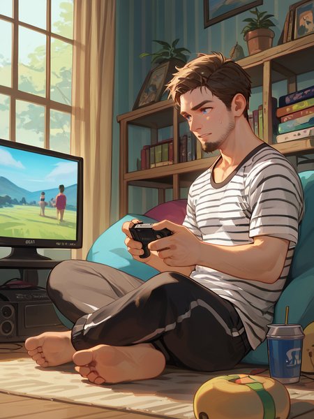 PDXL,  <lora:SittingCrossLeggedV1:1>, cr0ssl3gg3d,
1boy, short brown hair, brown beard, blue eyes, black white striped shirt, black sweatpants, sitting cross-legged in a living room, playing games on a tv, viewed from side