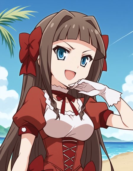 score_9, score_8_up, score_7_up, source_anime, <lora:asuka-kudou-s1-ponyxl-lora-nochekaiser:1>, asuka kudou, long hair, bangs, blue eyes, brown hair, bow, hair bow, blunt bangs, hair intakes, red bow, medium breasts,, gloves, dress, ribbon, short sleeves, choker, puffy sleeves, white gloves, puffy short sleeves, red dress, corset,, oasis, water, palm trees, desert, life, smile, <lora:ojou-sama-pose-ponyxl-lora-nochekaiser:1>, ojou-sama pose, laughing, smug, hand to own mouth, open mouth,, looking at viewer, solo,, dutch angle, cowboy shot