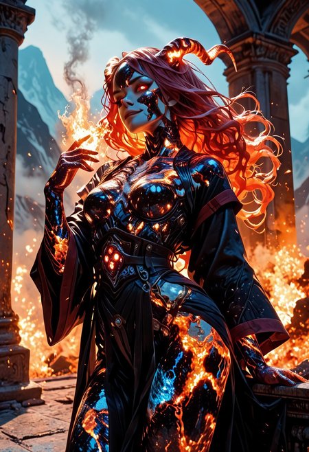 highres, very detailed, amazing quality, masterpiece,
very aesthetic, warm lighting, sp4ce-g0dd3ss,
particle effect,
1girl, beautiful eyes, goddess, goddess of fire, lava skin, burning, smoldering, flaming horns, strong face, solo, red hair, orange tips, long hair, wavy hair, (wind blows hair up), glowing eyes, red eyes, smoke rising from eyes, small breasts, slender, robe, black robe with red trim,
temple, mountain
slavic theme, goddess theme, fire theme,
looking at viewer, standing flirty, dynamic pose, cowboy shot, 
seducing, seductive, flirty, tender, loving, playful, cocky smirk, cocky,
fire around her