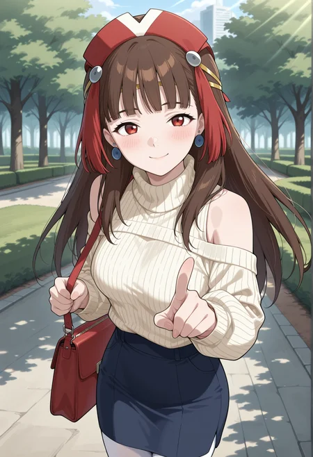 1girl, long hair, brown hair, red eyes, headdress, circlet, earrings, jewelry, turtleneck sweater, bare shoulders, long sleeves, pencil skirt, white pantyhose, shoulder bag, smile, blush, pointing at background, outdoors, park, dappled sunlight,  smile <lora:kiara_samurai_7:1>, masterpiece, best quality, amazing quality, very aesthetic, absurdres, highres, newest