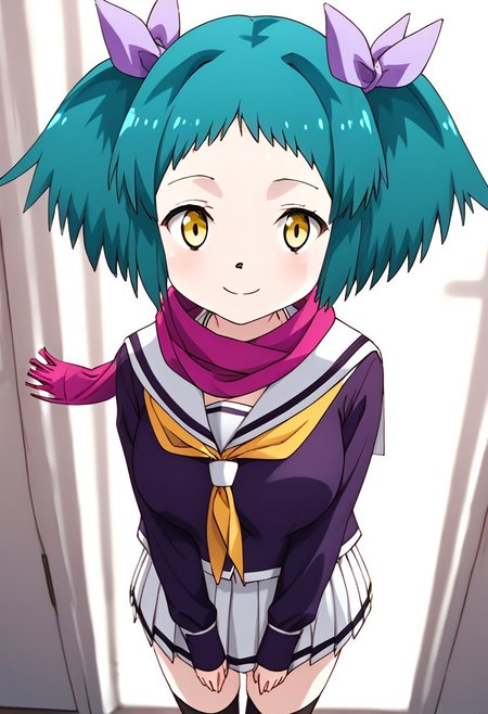 score_9, score_8_up, score_7_up, score_6_up, score_5_up, score_4_up, 
solo, original anime,yukri_kuromori, green hair, two purple syntas, two purple syntas, (yellow eyes:1.2),
two purple syntasSkirt, pleated skirt, serafuku, white skirt, shirt, purple shirt, sailor collar, white sailor collar, long sleeves, scarf, black stockings, knee-high socks. stading, smile,, cowboy shot, dutch angle,