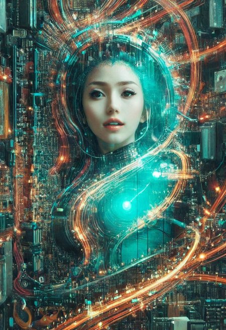 double exposure of opera diva Hatsune Miku with long floating aqua twintails singing high note merging with a printed circuit board of Yamaha electronics chip processor, <lora:DoubleExposure:1>, (head:1.8), <lora:The Phantom of the Opera style:1.5> The Phantom of the Opera style, <lora:loraeyesxl:0.4>