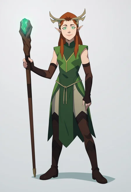 score_9, score_8_up, score_7_up, BREAK,
1girl, keyleth, ginger hair, green eyes, long hair, pointy ears,
antlers crown, freckles,
fingerless elbow gloves, green short robe, thighhighs, boots,
holding staff,
full body, standing, smile, solo, looking at viewer, simple background, white background    <lora:KeylethPDXL_byKonan:1>