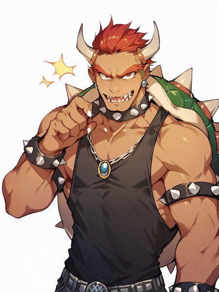 score_9, score_8_up, score_7_up, score_6_up, score_5_up,   <lora:bowserXLP:1> bowser, spikes, 1boy, horns, solo, red hair, muscular, human, tan, black tank top