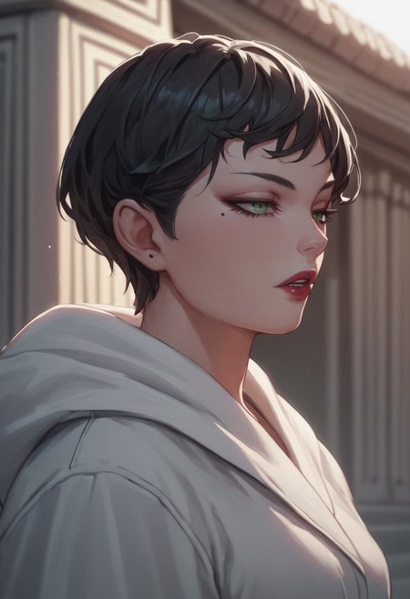 score_9, score_8_up, score_7_up, source_anime, 1girl, cowboy shot, parted lips, <lora:zs_YurikoIVXL> yurikosmtiv, black hair, short hair, lipstick, mole under eye, makeup, green eyes, white robe, hood, long sleeves, blue cowl, temple'open robe,seductive look