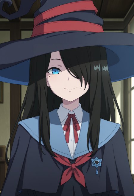 1girl,solo,mm,long hair,black hair,hair over one eye,mole under eye,blue eyes,anime coloring,
school uniform,neck ribbon,red ribbon,witch hat,cape,looking at viewer, upper body, looking at viewer, smile,indoors
,masterpiece,best quality,amazing quality,<lora:Flan-Majo_no_Tabitabi:0.8>
