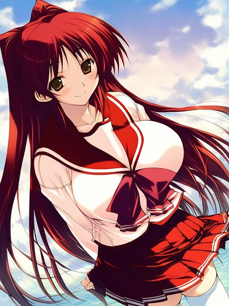 score_9, score_8_up, score_7_up, source_anime, rating_explicit, BREAK  <lora:Kousaka_Tamaki_XL:1> KousakaTamaki, red hair, long hair, brown eyes, large breasts, 
KousakaTamaki, 1girl, solo, school uniform, skirt, serafuku, long sleeves, pleated skirt, thighhighs, smile,  arms behind back, zettai ryouiki, blush,
day,