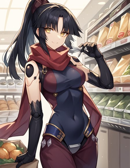 score_9, score_8_up, score_7_up, source_anime, <lora:fgo-danzou-katou-ponyxl-lora-nochekaiser:1>, danzou katou, android, black hair, long hair, ponytail, yellow eyes, medium breasts,, bodysuit, covered navel, elbow gloves, gloves, scarf,, grocery store, cashier, shopping bag, scanning items, small talk, everyday routine, smile, , arm resting on back of chair, solo,, cowboy shot, dutch angle