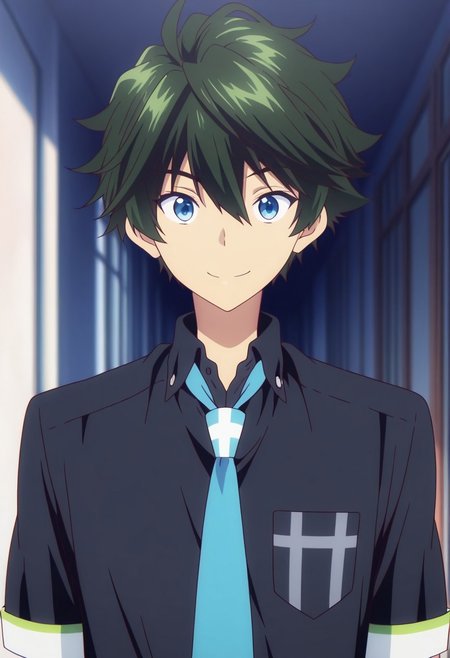 masterpiece,best quality,amazing quality, source_anime, 
HaruhikoIchijo, 1boy, male focus, solo, blue eyes, green hair, school uniform, shirt, black shirt, collared shirt, necktie, blue necktie, short sleeves, smile,