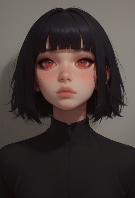 score_9, score_8_up, score_7_up, score_6_up, score_5_up, score_4_up, (1girl, 18 years old, sexy small breasts, skinny,  sexy young face, red eyes, black hair, bob haircut, fringe, pookies, freckles, ,) close up, extremely detailed face, slutty, shy