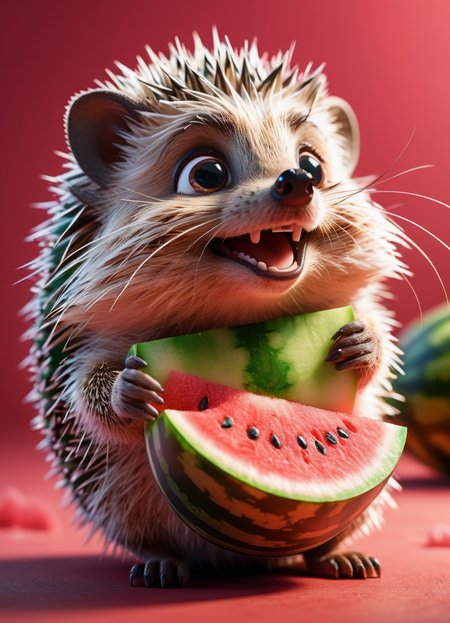 a small hedgehog holding a piece of watermelon with its tiny paws, taking little bites, eyes closed in delight, cute ink  highly detailed intricated concept art trending artstation 8k <lora:Cute_3D_Cartoon:0.35>, subsurface scattering, Photorealistic, Hyperrealistic, analog style, realistic, film photography, soft lighting, heavy shadow