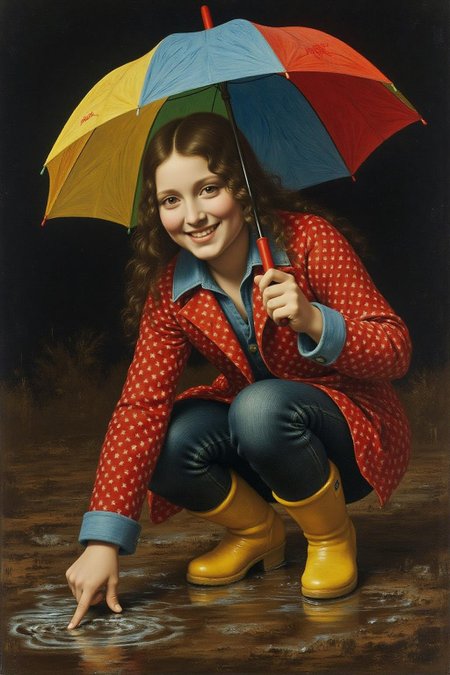 davinci1 painting.
A young woman, angled from slightly above and to the right, crouching low to the ground in a puddle. The young woman is wearing yellow rubber boots and a red jacket with white polka dots. The jacket sleeves are pushed up to reveal blue cuffs. The young woman also wears dark blue jeans and has a smile on her face as she extends her right index finger to touch the water in the puddle. Above the young woman is a large, open umbrella with rainbow-colored panels and a red handle.  <lora:davinci1_cap_d6a3e12:1.0><lora:852117132001966582:0>