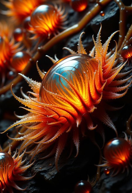 Burned colors glowing with orange heat.  Bands of white light dash across the canvas. High saturation and contrast. sharp lines come into focus. Droplets of rain accumulate on leaves. Leaves appear as shattered glass. Electric snails crawl on the surface of a mysterious plant. The plant is made of glass. A mysterious ecosystem made of crystalline glass.