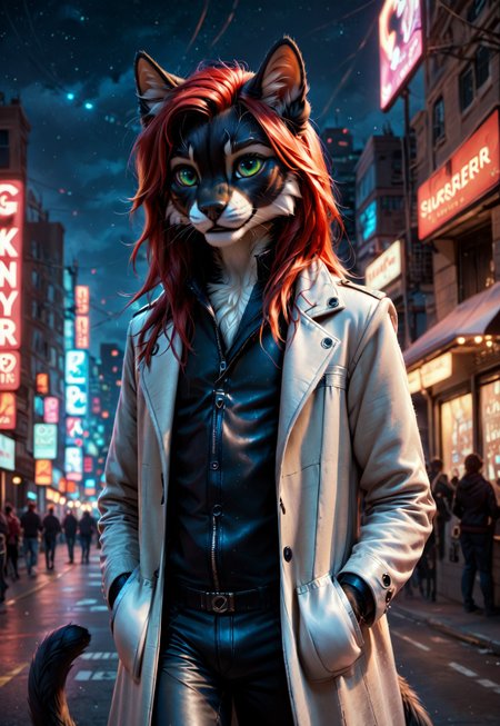 score_9, score_8_up, score_7_up, score_6_up, photorealistic, epiCPhotoGasm-colorfulPhoto, Realistic, highres, super high resolution, 8k, photo, furry, Furry, anthro, fur, realistic, male, male, male, detailed, tail, detailed fur, Realistic, highres, super high resolution, 8k, photo, furry, anthro, fur, cat,  thin body, black, black fur (detailed fur), detailed fur, fluffy, bright green eyes, body, long hair, red hair, beautiful legs, black nose, gray fur around the nose, gray fur around the eyes, red hair, (((triangle of fur on the forehead))), (((gray eyebrows) )), black body, black ears, cat tail, black smooth tail with gray stripes, grey body, grey fur, thin body, stands, black fur, black, red hair, long hair, red hair, 
furry, anthro, anthro, furry, anthro, anthro, male, male , skin coat, cyber city, cyberpunk, night, different lights,