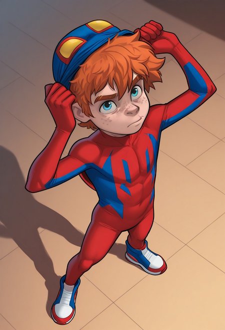 1boy, male focus, cute boy, solo, BaileyBriggs, blue Mask, Yellow Eyes, Spiderboy Costume, Two-tone Bodysuit, Red Bodysuit, Blue Bodysuit, Red Blue Sneakers, cinematic, intricately detailed illustration, depth of field, masterpiece, best quality, amazing quality, very aesthetic, absurdres, newest, very awa, shadow, dynamic angle, casual cosplay, maskLiftConcept, Mask on scalp, Orange Hair, Blue Eyes, Freckles