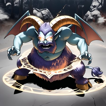 score_9,score_8_up,score_7_up,best quality,masterpiece,super detailed,extreme detailed,full_body,zPDXL,source anime BREAK nature,forest,no humans,
<lora:Pony_DetailV2.0:1>,barbatos_(dq),demon horns,demon wings,demon tail,colored skin,<lora:barbatos_(dq):1>,angry,serious,screaming,shouting,open mouth,glowing eyes,magic circle,expanding energy,energy barrier,magic,attacking action,