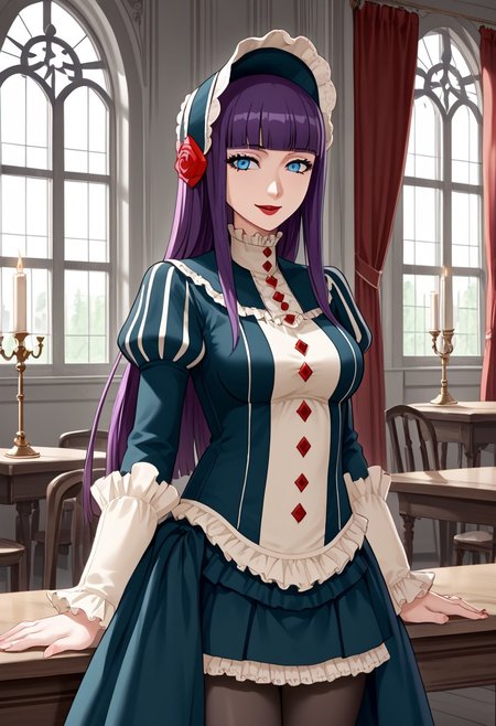 score_9,score_8_up,score_7_up,source_anime,5_figner,2d_animation,game cg,BREAK,1girl,solo,Loretta Lecarde,purple hair,blunt bangs,hime cut,blue eyes,long hair,red lips.lolitafashion,bonnet,pantyhose,red rose,dress,mini skirt,
medium breasts,smile,front view,upper body,
red curtain.gothic room,medieval interior,
indoor,window,chandelier,candle,white wall, 
desk,chair,blackboard,window, 
masterpiece,best qualit,ultra-detailed,illustration,an extremely delicate and beautiful,beautiful detailed eyes,unity 8k wallpaper,high resolution,anime CG,official_art,