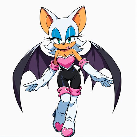 score_9, score_8_up, score_7_up, score_6_up, score_5_up, score_4_up, BREAK, <lora:Rouge_the_bat:1>, 1girl, solo, breasts, looking at viewer, smile, simple background, thighhighs, gloves, white background, animal ears, cleavage, bare shoulders, medium breasts, closed mouth, standing, tail, full body, heart, boots, wings, elbow gloves, white gloves, aqua eyes, eyelashes, bodysuit, makeup, thigh boots, half-closed eyes, happy, white footwear, bat wings, outstretched arm, lipstick, furry, eyeshadow, black wings, furry female, black bodysuit, body fur, animal nose, blue eyeshadow, bat ears, Rouge the bat